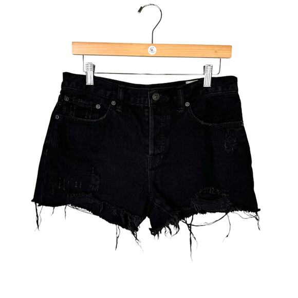We the Free People Sofia Black Denim Button Fly Distressed Raw Hem Jean Shorts - Picture 3 of 7